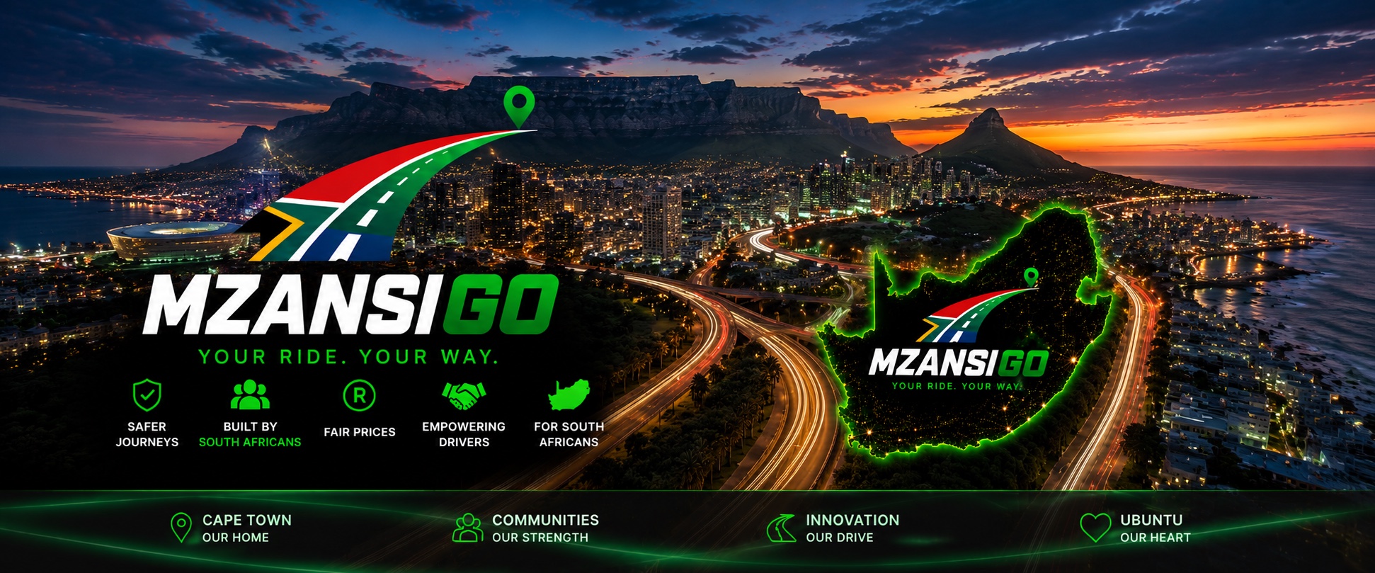 Cape Town sunset with Table Mountain and MzansiGo road visual
